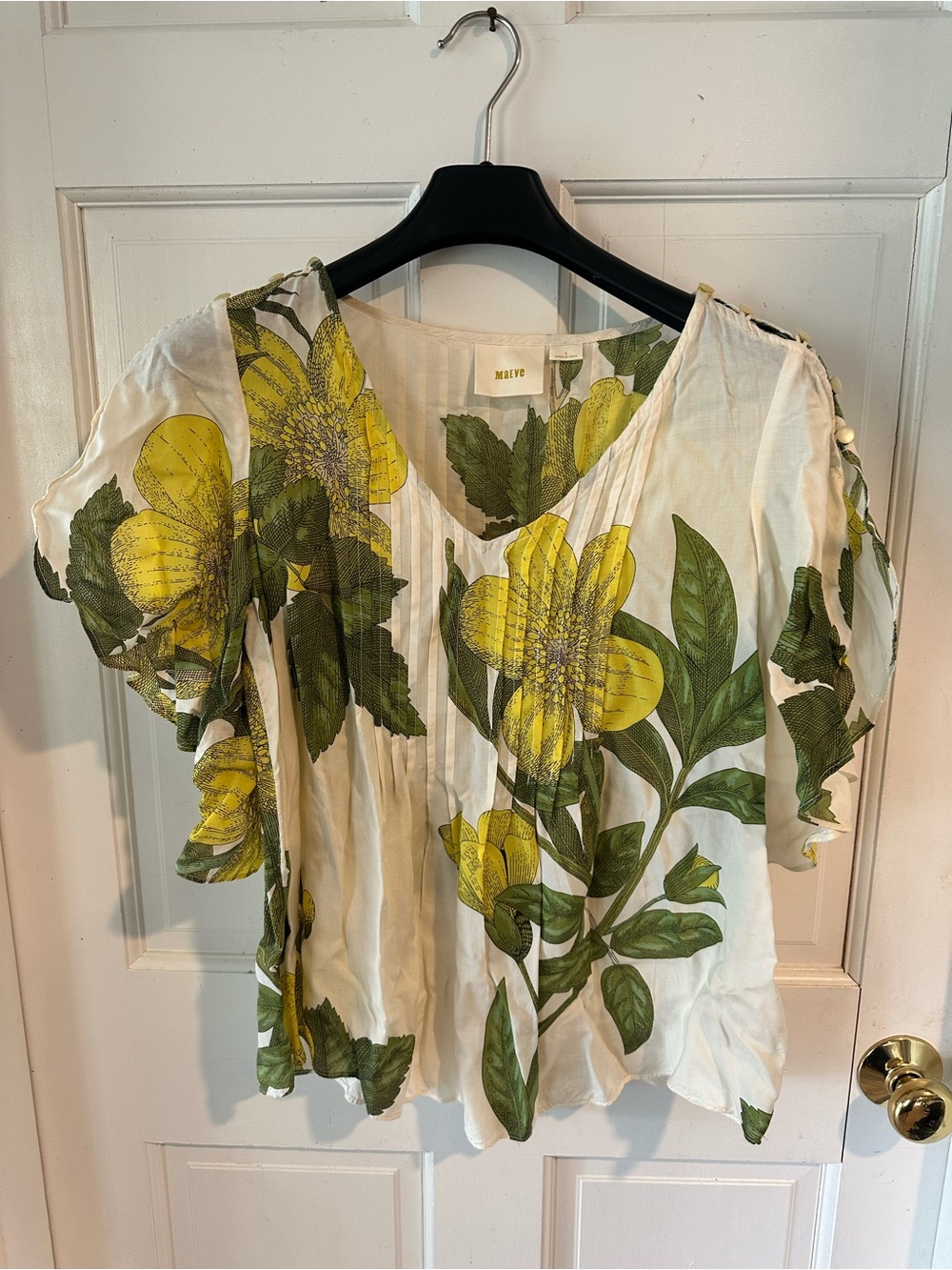 Maeve White Yellow & Green Floral V-Neck Puff Sleeve Blouse